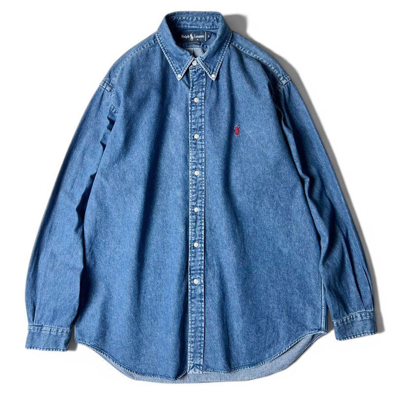 90s RALPH LAUREN 長袖 コットン デニム ボタンダウン シャツ L / 90年代 POLO ポロ ラルフローレン ポニー刺繍 BLAIRE
