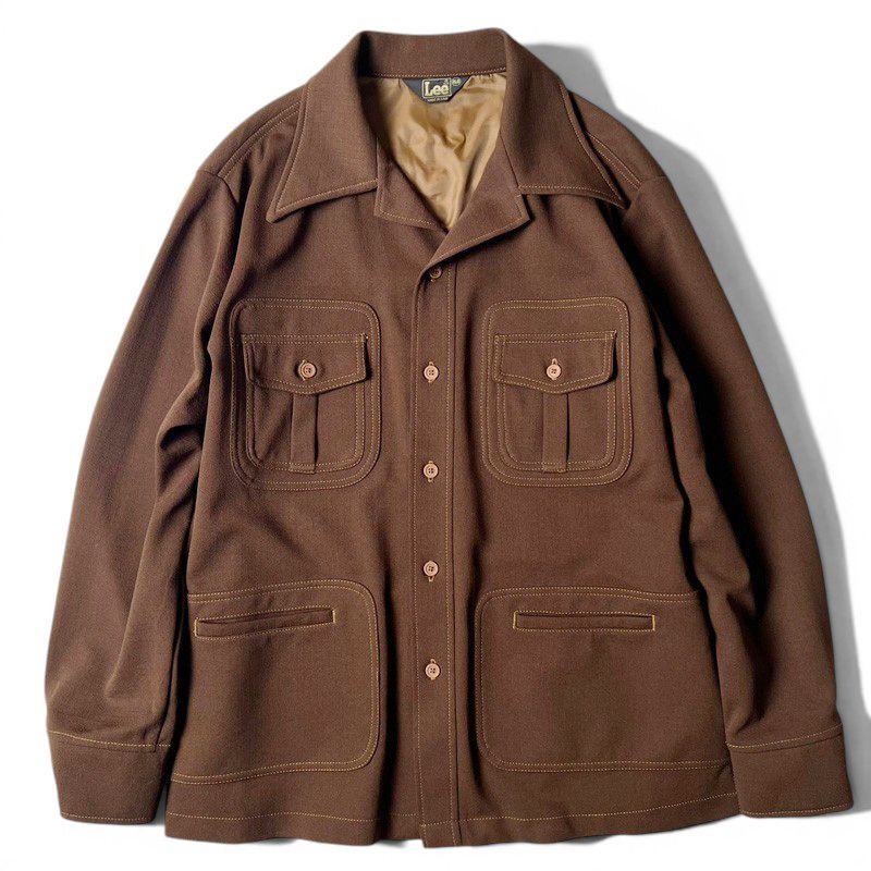 70s USA製 Lee オープンカラー ポリエステル ジャケット XL / 70年代 アメリカ製 ビンテージ カバーオール スタプレ ブラウン ボックス