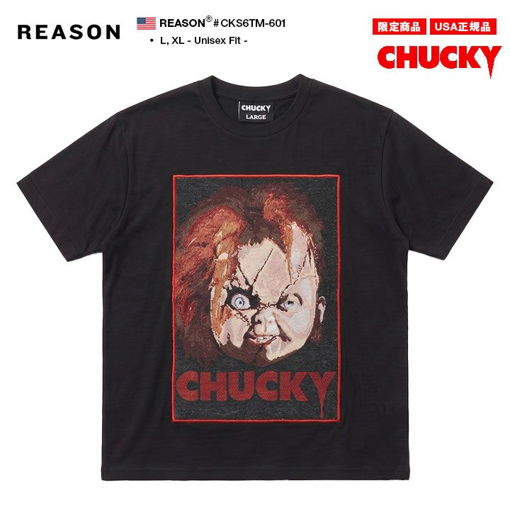 REASON × Chucky Tシャツ 半袖 メンズ 春夏用 黒 大きいサイズ チャッキー Child's Play チャイルド・プレイ 限定 コラボ 公式 リーズン 派手 総柄 グッドガイ人形 キャラクター b系 服 新作 メール便 CKS6TM-601