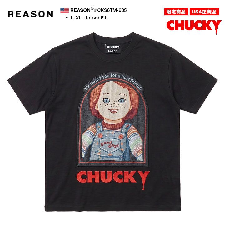 REASON × Chucky 限定モデル Tシャツ 半袖 メンズ 春夏用 黒 大きいサイズ チャッキー Child's Play チャイルド・プレイ コラボ 公式 リーズン 恐怖映画 キャラクター ビッグシルエット b系 服 メール便 CKS6TM-605