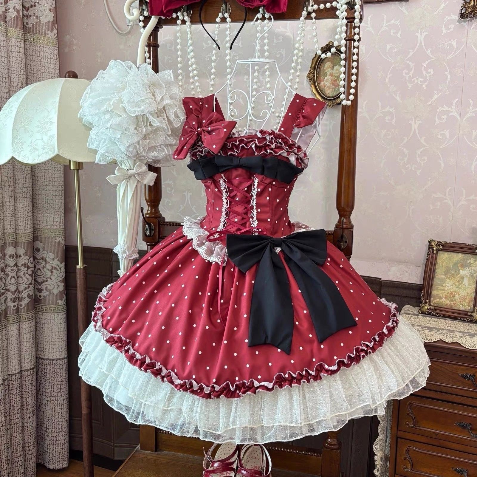 新品未着用 深赤水玉ロリィタワンピース 特大黒リボン 2 層チュールレイヤード レトロガーリー