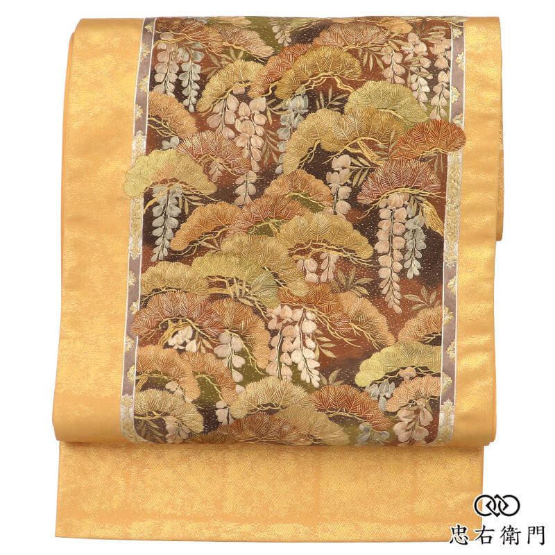 良品 刺繍 袋帯 刺繍帯 正絹 お太鼓柄 金 松 刺繍 重厚感 豪華 長さ430cm 幅30.5cm 結婚式 式典 格式 仕立て上がり帯 レディース 女性用 着物 送料無料 即日発送