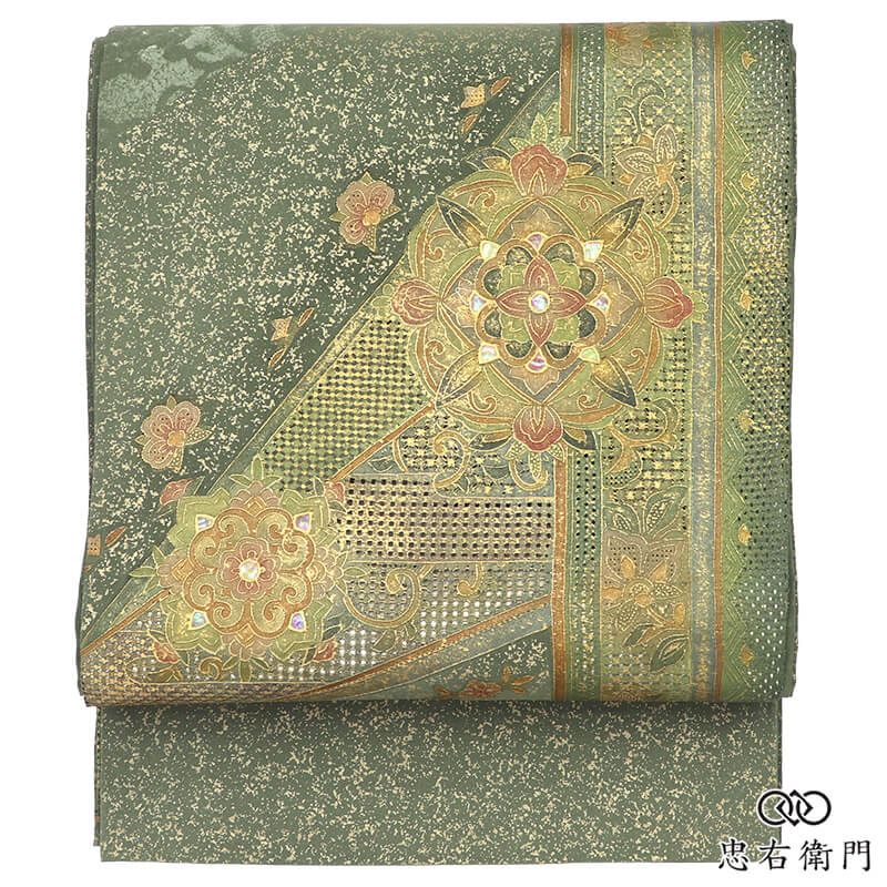 美品 汕頭刺繍 袋帯 螺鈿 豪華 正絹 お太鼓柄 深緑 華文 西洋風 異国情緒 長さ465cm 幅31cm 観劇 食事会 お出かけ 仕立て上がり帯 レディース 女性用 着物 送料無料 即日発送