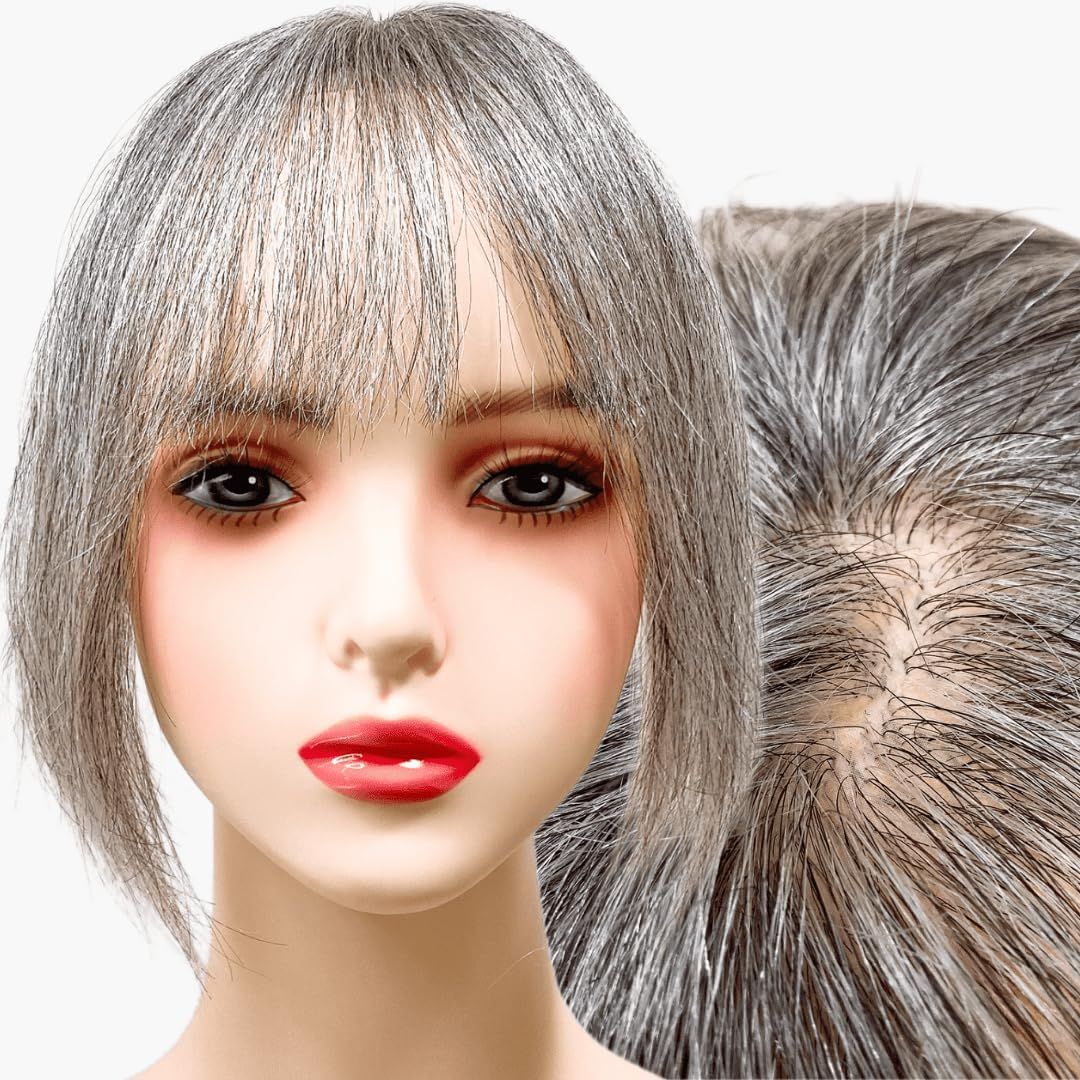 部分ウィッグ かつら ヘアピース ポイントウィッグ 白髪 グレイヘアー グレイ 女性 レディース 人毛100％ ショート 前髪 ストレート 前髪ウィッグ 分け目自由自在 医療用 つむじ 頭頂部 [白8黒2(人毛100%)] [グレイヘアーショート(ベース大)]