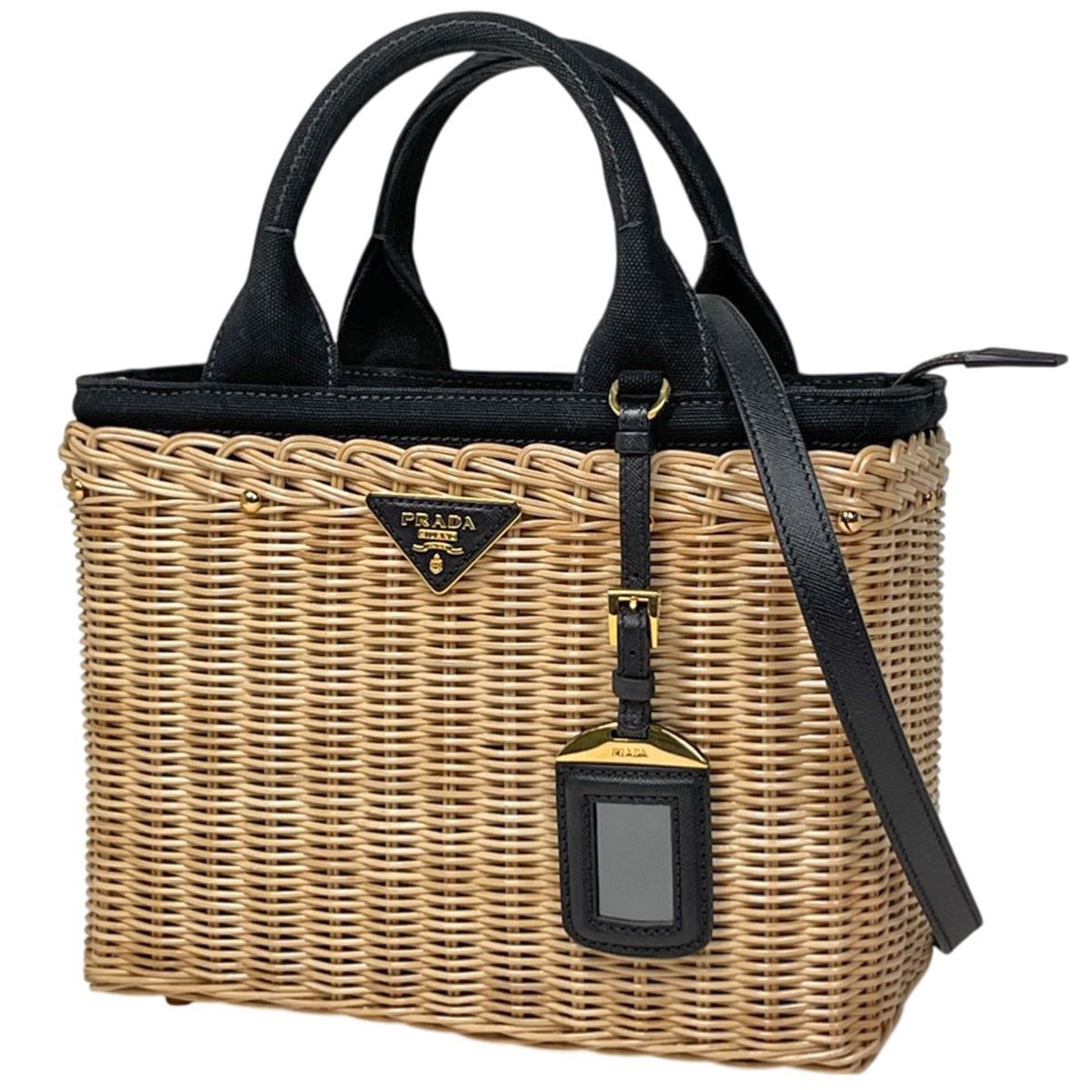 プラダ PRADA ロゴプレート ハンドバッグ カゴバッグ 2WAY ショルダーバッグ ハンドバッグ キャンバス ベージュ ブラック 1BG835 レディース 【中古】