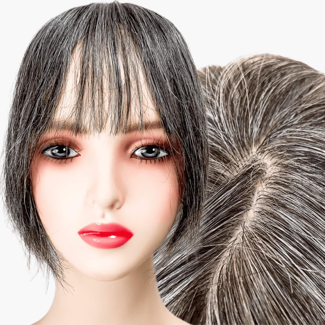 部分ウィッグ かつら ヘアピース ポイントウィッグ 白髪 グレイヘアー グレイ 女性 レディース 人毛100% ショート 前髪 ストレート 前髪ウィッグ 分け目自由自在 医療用 つむじ 頭頂部 うぃっぐ [白5黒5(人毛100%)] [グレイヘアーショート]