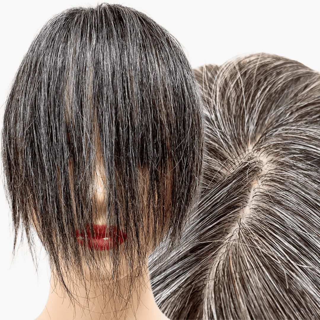 部分ウィッグ かつら ヘアピース ポイントウィッグ 白髪 グレイヘアー 女性 レディース 人毛100% ショート 前髪 ストレート 分け目自由自在 医療用 つむじ 頭頂部 カツラ [白5黒5(人毛100%)] [グレイヘアーショート(前髪未カット&ベース大)]