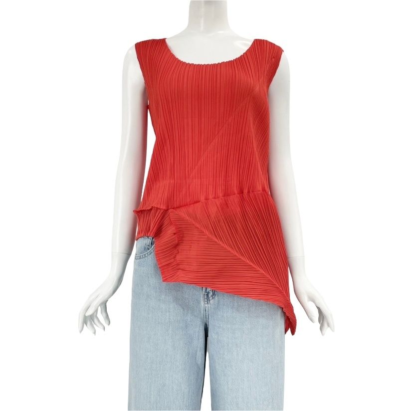 美品 PLEATS PLEASE ISSEY MIYAKE プリーツプリーズ イッセイミヤケ PP71-JK201 プリーツ加工 変形裾 カットソー レッド