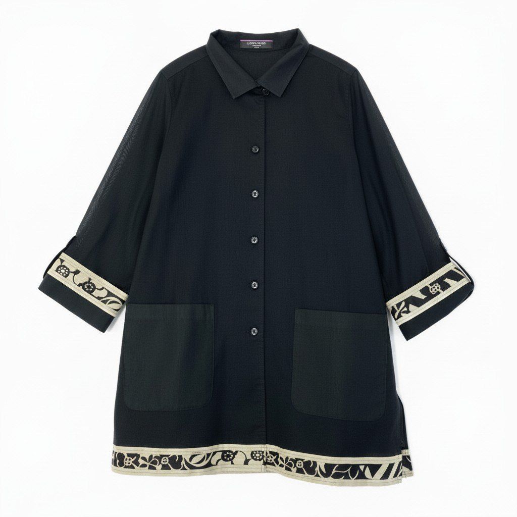 80c9 LEONARD FASHION レオナール ロングスリーブシャツ シアーシャツ レディース女性服 サイズ13R ブラック コットン100％u02t