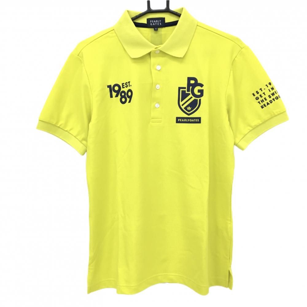 【超美品】パーリーゲイツ 半袖ポロシャツ イエロー系×ネイビー 胸ロゴプリント メンズ 5(L) ゴルフウェア PEARLY GATES