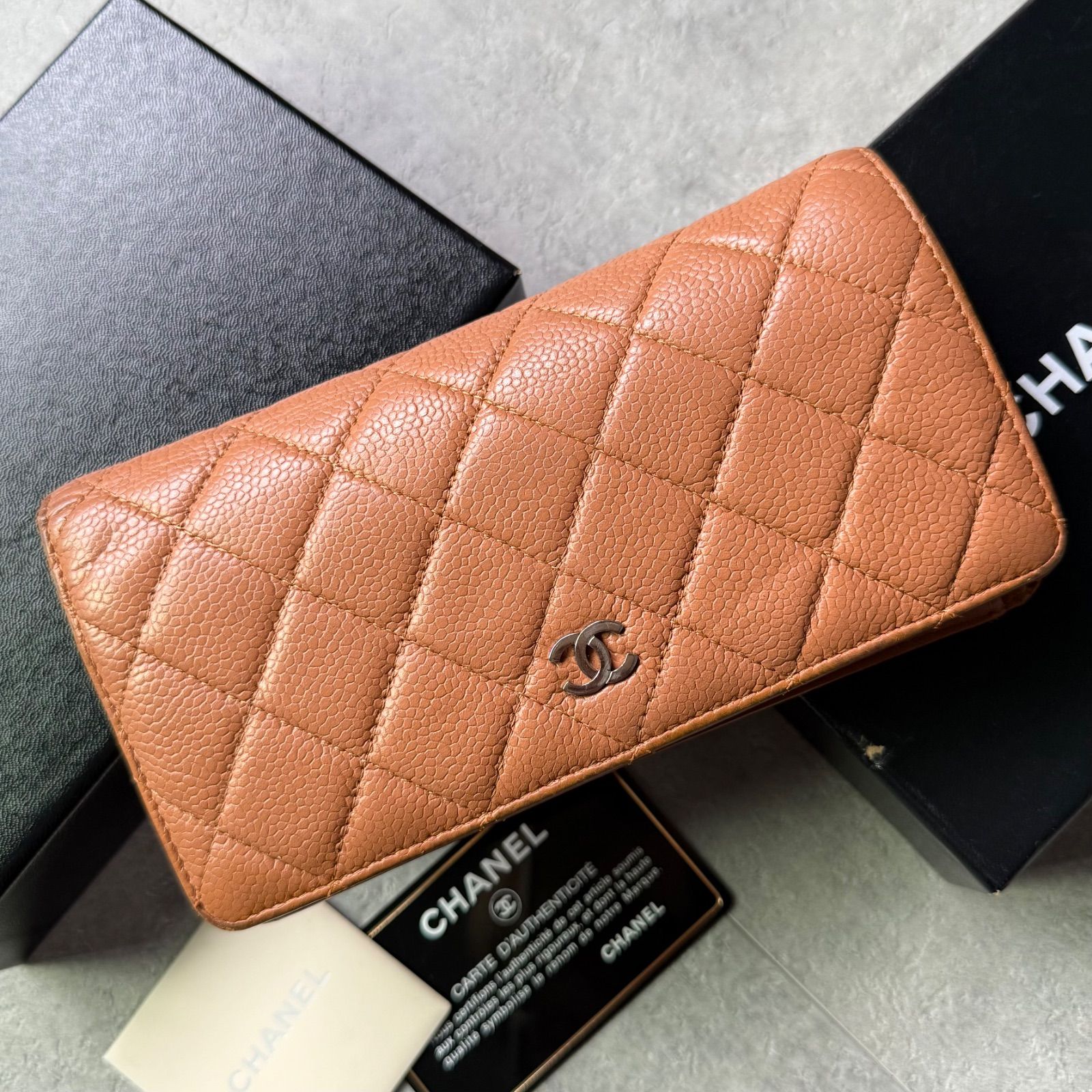 CHANEL シャネル ココマーク タイムレスクラシック キャビアスキン 長財布 レザー キャメル ブラウン シルバー金具 ロングウォレット