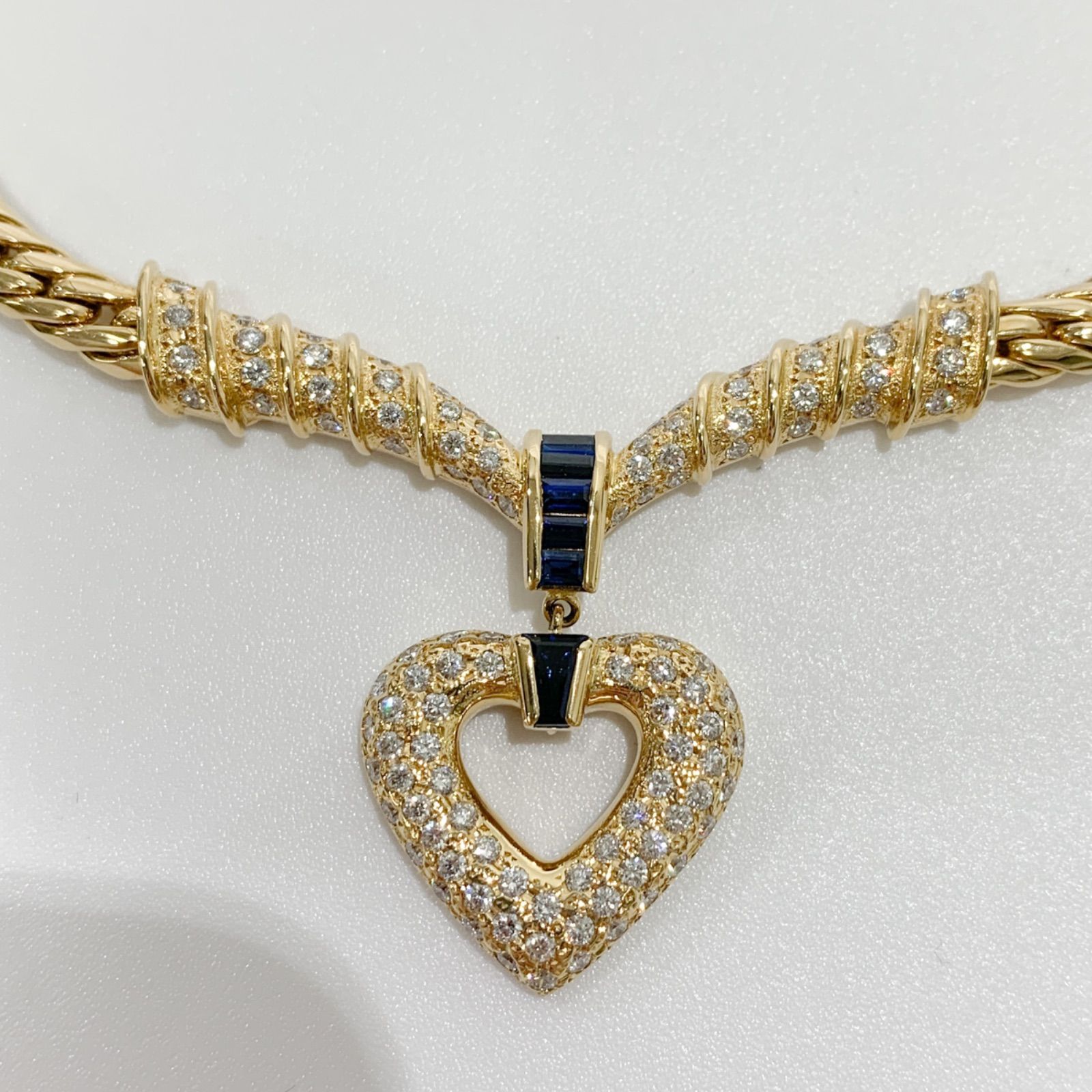 【中古】ミキモト MIKIMOTO サファイヤ　ダイヤモンド ネックレス　平型チェーン ハートモチーフ　 K18YG イエローゴールド 750