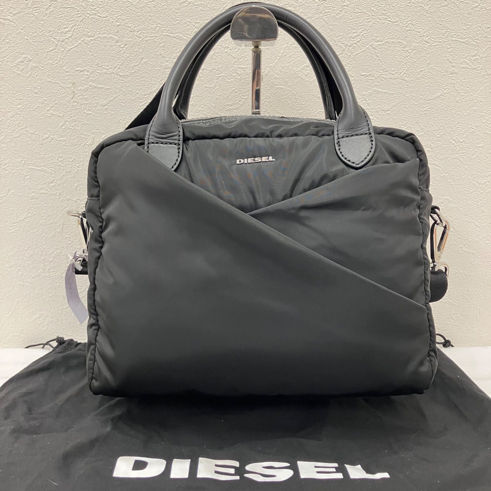 4563　DIESEL　ディーゼル　ハンドバッグ　2way　 ショルダーバッグ　ブラック系　黒　ナイロン×デニム　 レザー　無地　ロゴ　レディース