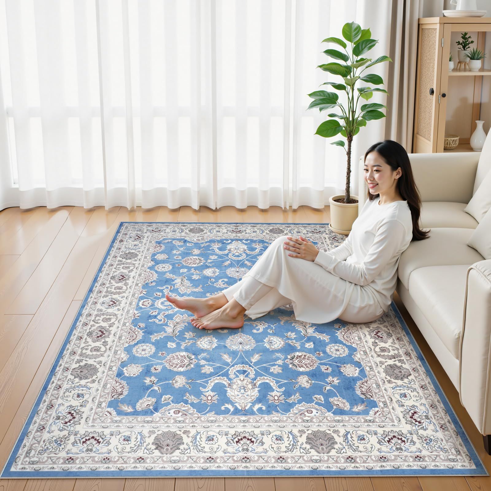 新品 HAOCOO カーペット 200х250cm 3畳 滑り止め ホットカーペット対応 ペルシャ風 ラグ 洗える オールシーズン適用 花柄 防音 耐磨耗性 軽量 抗菌防臭 リビング ダイニング アンティーク ラグマット ライトブルー