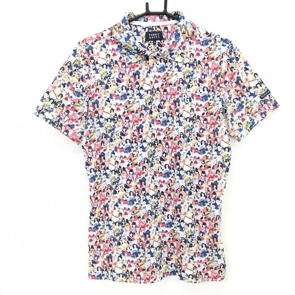 【美品】パーリーゲイツ 半袖ポロシャツ マルチカラー ヒューマン総柄 コットン100％ メンズ 5(L) ゴルフウェア PEARLY GATES