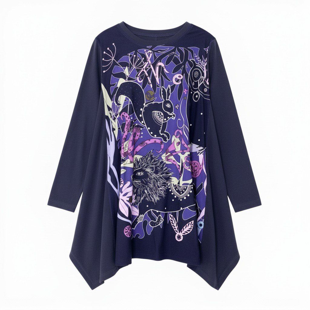 33c10 【美品】 TOKUKO 1er VOL ロングスリーブ チュニックワンピース アニマル柄 Aライン ストレッチ レディース 女性服 サイズ9 パープルu02t