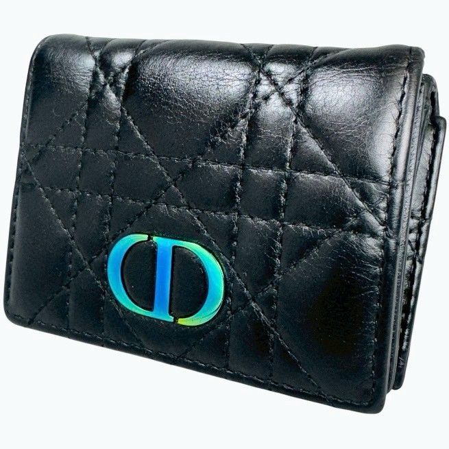 【美品】Dior ディオール カロ カナージュ Wホック 三つ折り 財布 メタリック ブラック