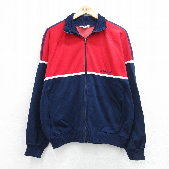 L/古着 アディダス adidas 長袖 ジャージ メンズ 80年代 80s ワンポイントロゴ リーフトレフォイル ラグラン ネイビー他 3本ライン【spe】 26may15