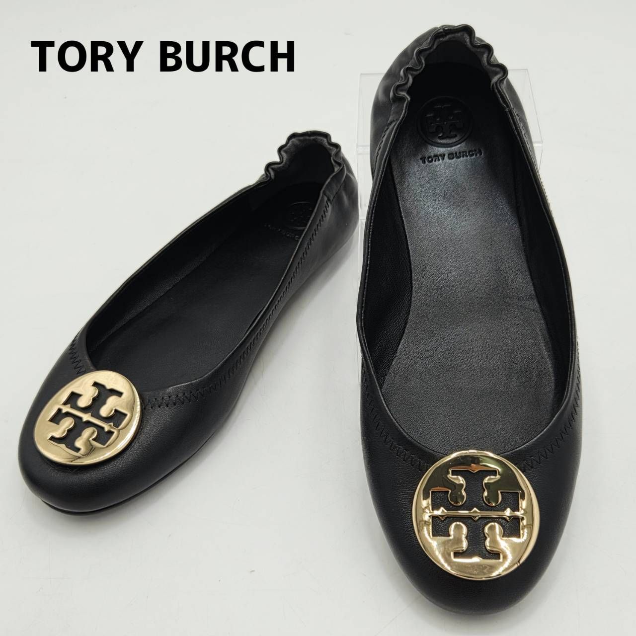 極美品　TORY BURCH　トリーバーチ　バレエシューズ　レザーフラットシューズ　メダリオンロゴ　8　ブラック/黒