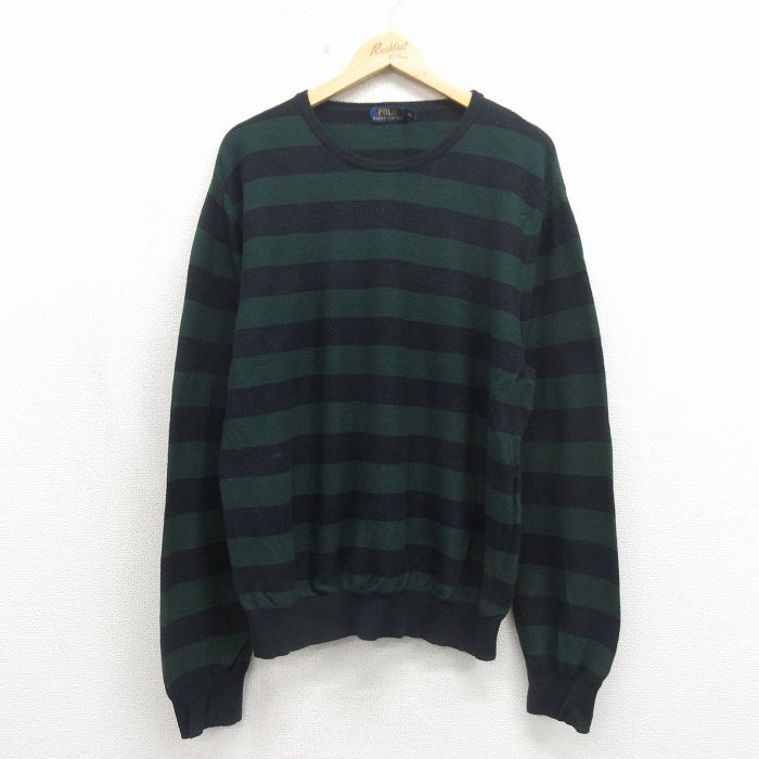 XL/古着 ラルフローレン 長袖 ブランド セーター メンズ カシミア クルーネック グリーン ボーダー【spe】 26may15