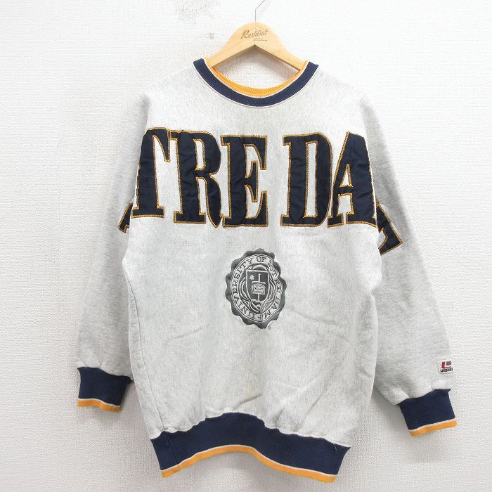 L/古着 長袖 スウェット メンズ 90年代 90s ノートルダム カレッジ 刺繍 クルーネック USA製 グレー 霜降り【spe】 26may15
