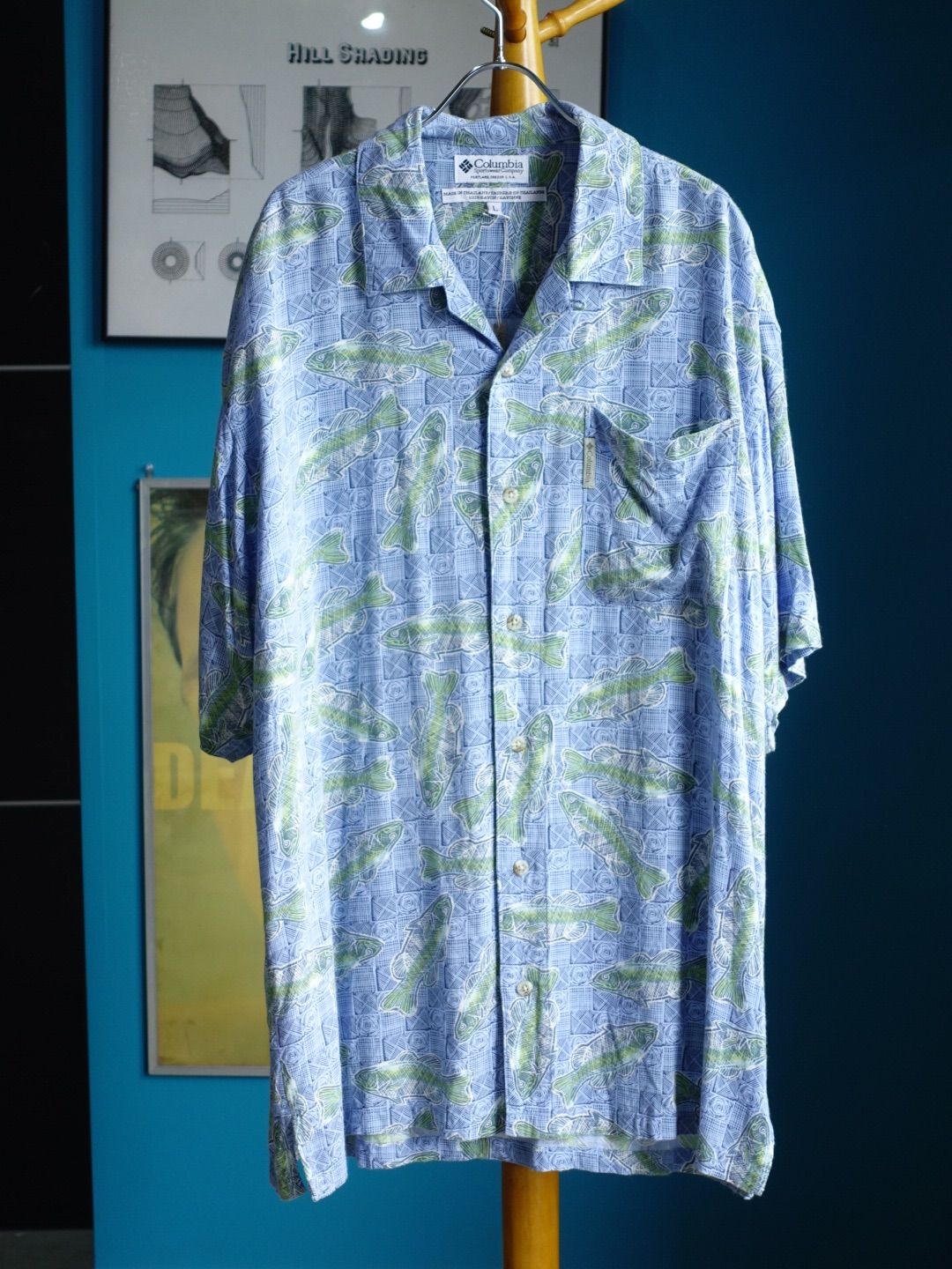 1990s~2000s Columbia コロンビア 開襟シャツ レーヨンシャツ アロハシャツ 半袖 マス 魚 アウトドア ブルー 大きめ