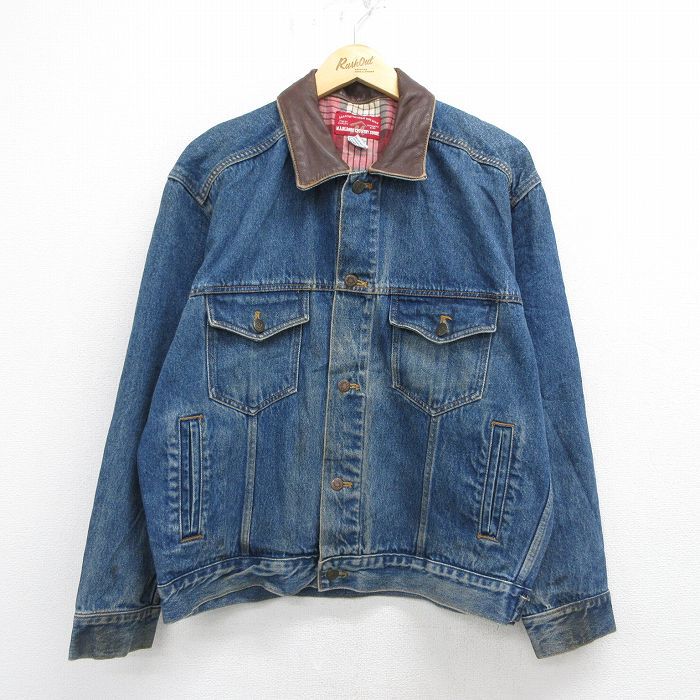 XL/古着 マルボロ 長袖 デニム ジージャン メンズ 90年代 90s 襟レザー コットン ネイビー デニム 内側フランネル 26may15