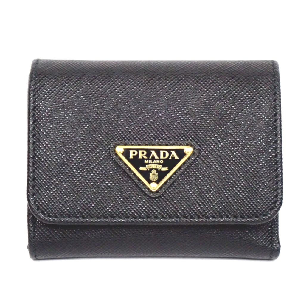NA417621 プラダ 三つ折り財布 サフィアーノ トライアングル 1MH043 ブラック レディース PRADA 中古