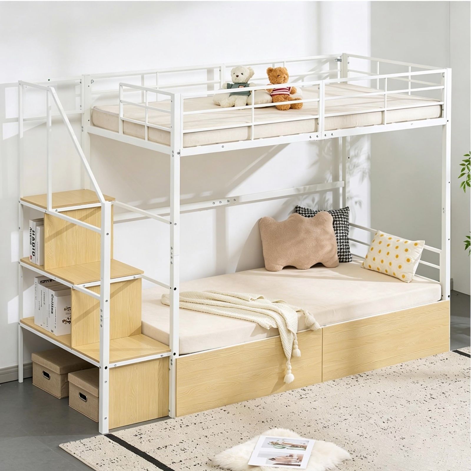 【予約販売・6月中旬頃入荷予定】二段ベッド 収納付き 分離可能 階段付き 子供ベッド 大容量収納 跳ね上げ収納 兄弟姉妹対応 シングルベッド 2台分割可能 省スペース 子供部屋 パイプベッド 耐荷重150kg ミドルタイプ 収納棚付き ブラウン✕ナチュラル