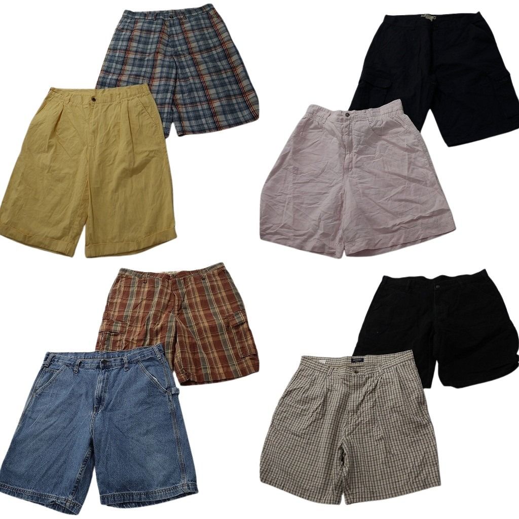古着卸 まとめ売り ショートパンツMIX 8枚セット ( メンズ 38 ) チェック 七分丈 ツータック インディゴブルー 中古 古着 NF1229