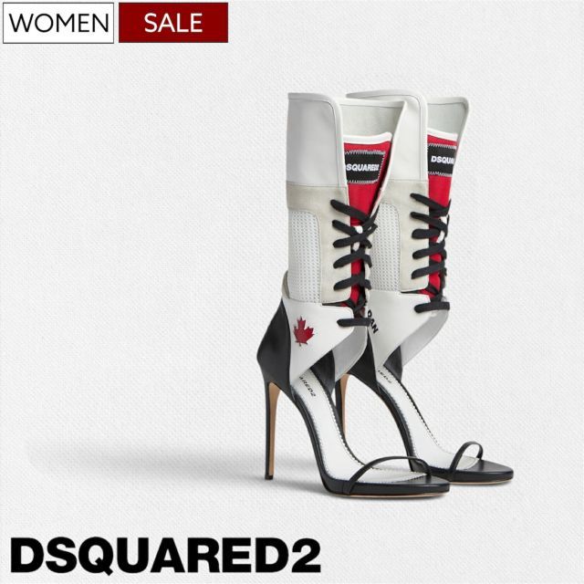 【定価253,000円(税込)】DSQUARED2 ディースクエアード 抜群の注目度を誇る ハイブリッドピンヒールサンダル レースアップ レザーサンダル ブーツサンダル Heeled Sandal BOOTS SANDAL カーフレザー 牛革 ホワイト×ブラッ