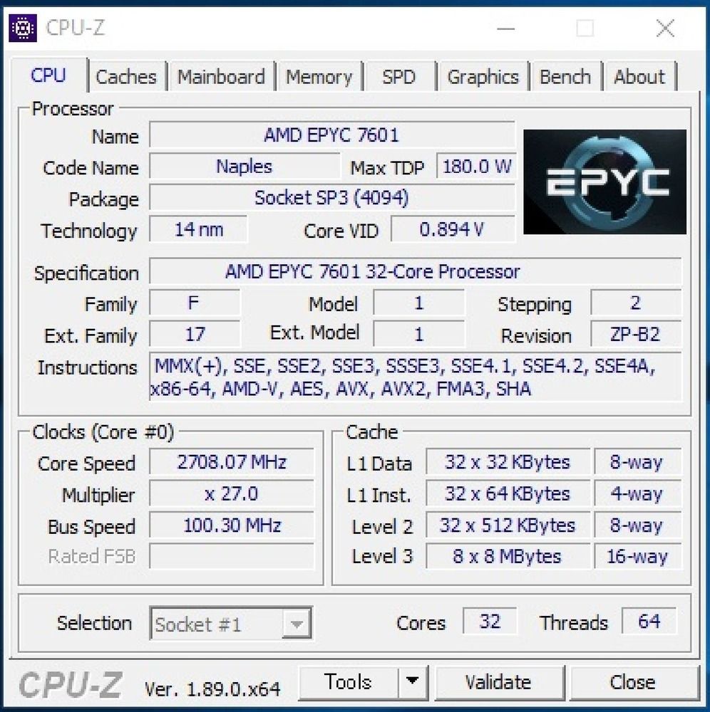 AMD EPYC 7601 32C 64T 2.2GHz to 3.2GHz Socket SP3 Naples 14NM 64MB 180W Jun 2017