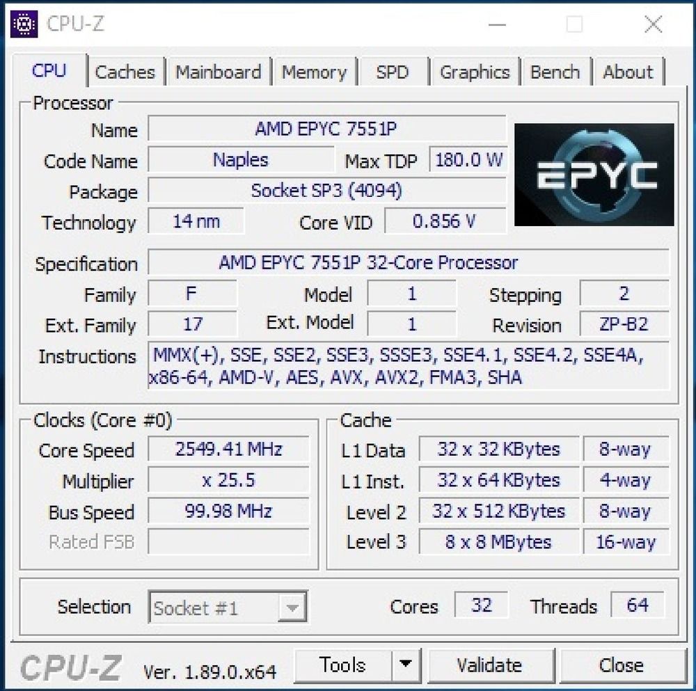 AMD EPYC 7551P 32C 64T 2GHz to 3GHz Socket SP3 Naples 14NM 64MB 180W Jun 2017