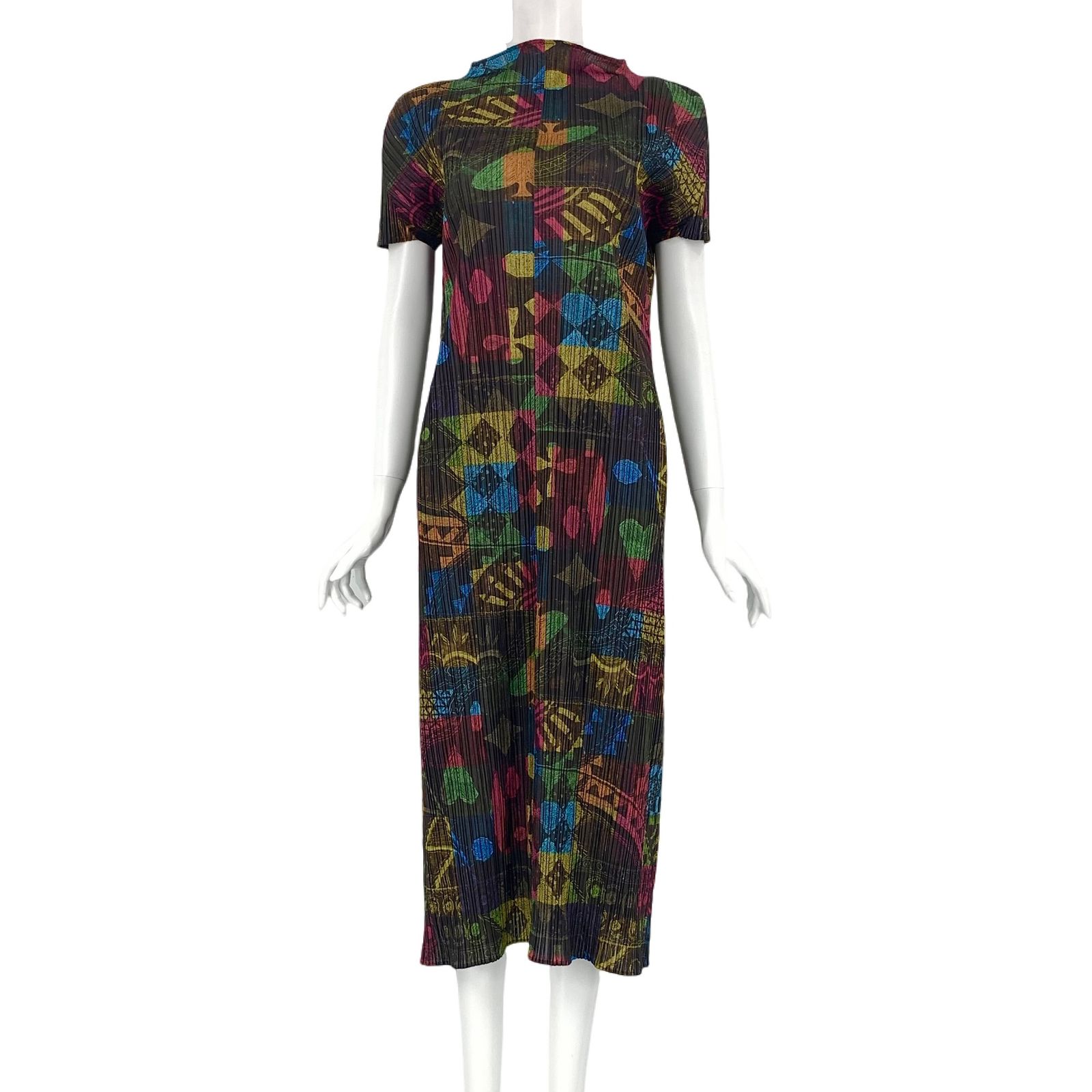 新品同様 PLEATS PLEASE ISSEY MIYAKE プリーツプリーズ イッセイミヤケ 変形 ワンピース 総柄 マルチカラー