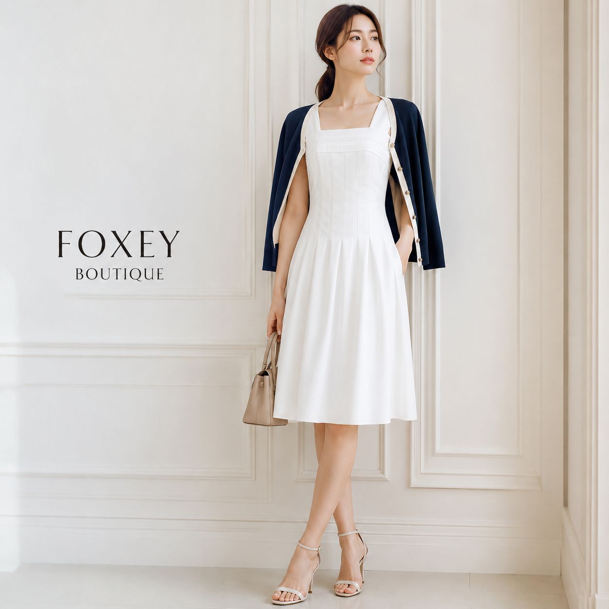【美品 クリーニング済】【参考価格103,680円】FOXEY BOUTIQUE 39951 / フォクシーブティック38「5号〜細身7号 相当」 ホワイト（白） ノースリーブワンピース ドレス お食事会 お出かけ コーデ