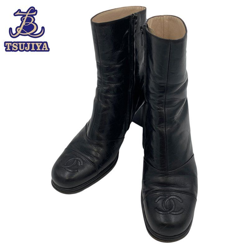 中古B CHANEL シャネル ショートブーツ ブラック サイズ36_1/2 ヒール7cm 辻屋質店A2843