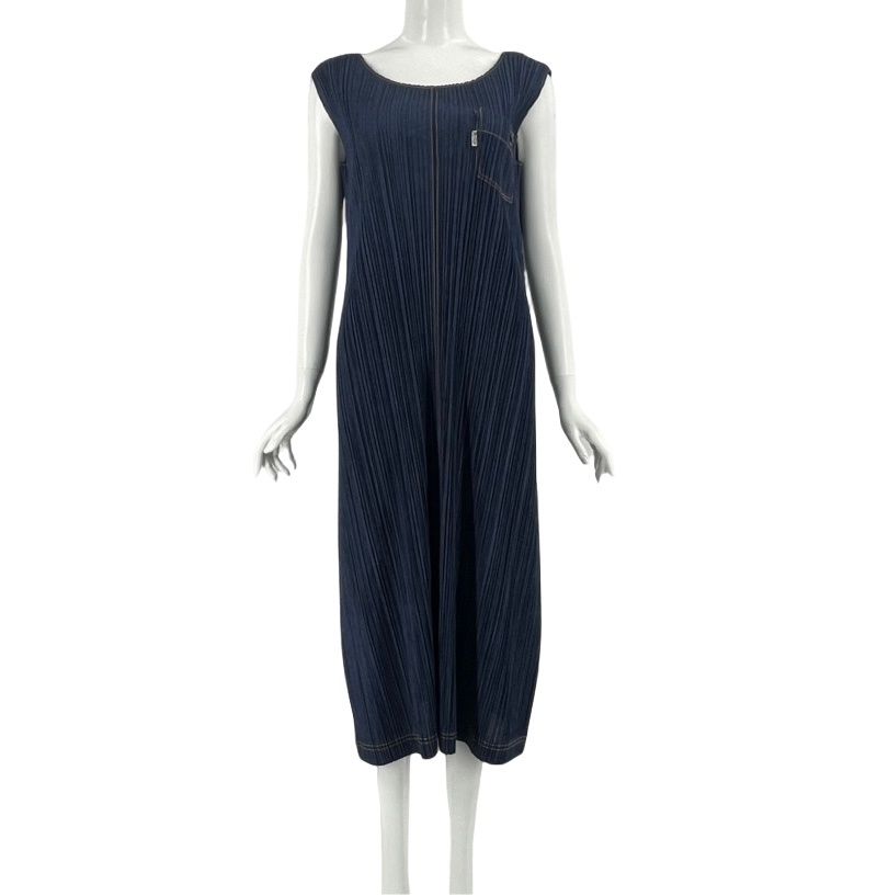 新品同様 PLEATS PLEASE ISSEY MIYAKE プリーツプリーズ イッセイミヤケ PP75-JH021 変形 ワンピース プリーツボタン ネイビー