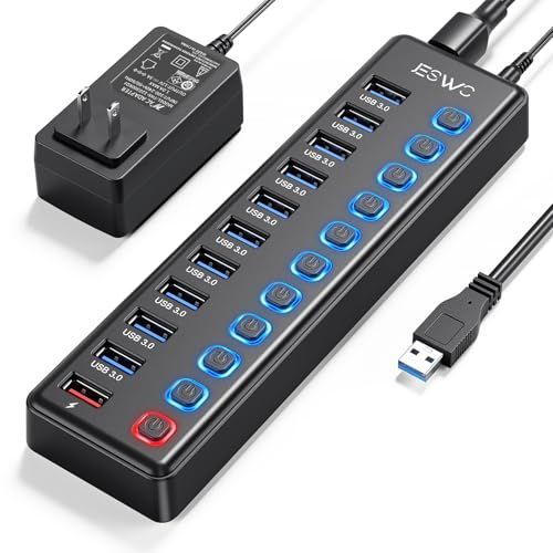 JESWO USBハブ 電源付き USB3.0ハブ 10ポートの 拡張+ 1充電ポート セルフパワー USB Hub 5Gbps高速データ伝送 USB3.0 拡張 独立スイッチ付き 12V3A ACアダプタ付き Android/Windows 27799190
