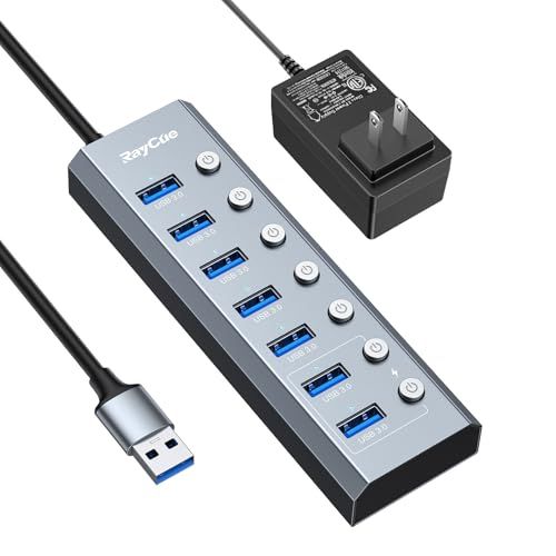 RayCue USB ハブ 3.0 Hub 7ポート 5Gbps高速 USB拡張 コンパクト セルフパワー/バスパワー 独立スイッチ付 5V/3A ACアダプタ付 電源付き アルミニウム スペースグレ (Gray, 7IN1)as e7fb08ef