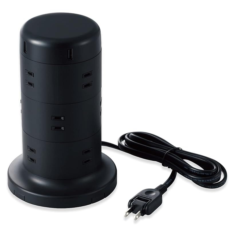 【新品】 エレコム 電源タップ タワー型 12個口 雷サージ付 ホコリ防止シャッター付 固定可能 5ポート合計出力4.8A 2.0m ブラック TT-U02-1220BK