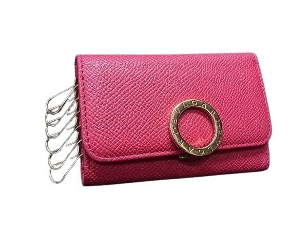 BVLGARI ブルガリ キーケース ブルガリブルガリ ピンク系 グレインカーフレザー レディース ロゴクリップ ゴールド金具 美品