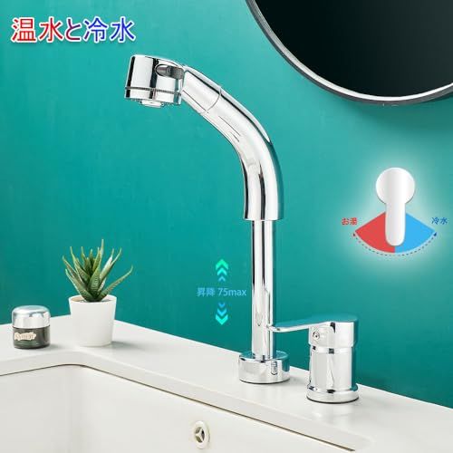 洗面台蛇口 洗面用水栓 ツーホール式 シングルレバー混合水栓 台付き2穴 ホース引き出し式 360°回転 吐水口昇降 二重機能スプレイヤー 水栓金具 洗髪用 取り付けホース付き クロム★m bada3e57