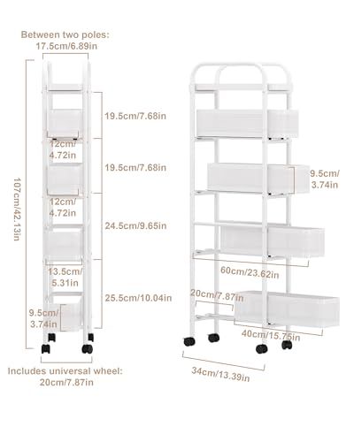 キッチンワゴン 隙間収納 スリム多段収納カート 360度キャスター付き 引き出し式 移動式 収納ワゴン 省スペース調味料ラック/洗面所/冷蔵庫横/台所(幅20cm 5段ホワイト)★m 05a65660 キッチンワゴン 隙間収納 スリム多段収納カート 360度キャスター付き 引き出し式 移動式 収納ワゴン 省スペース調味料ラック/洗面所/冷蔵庫横/台所(幅20cm 5段ホワイト)★m 05a65660