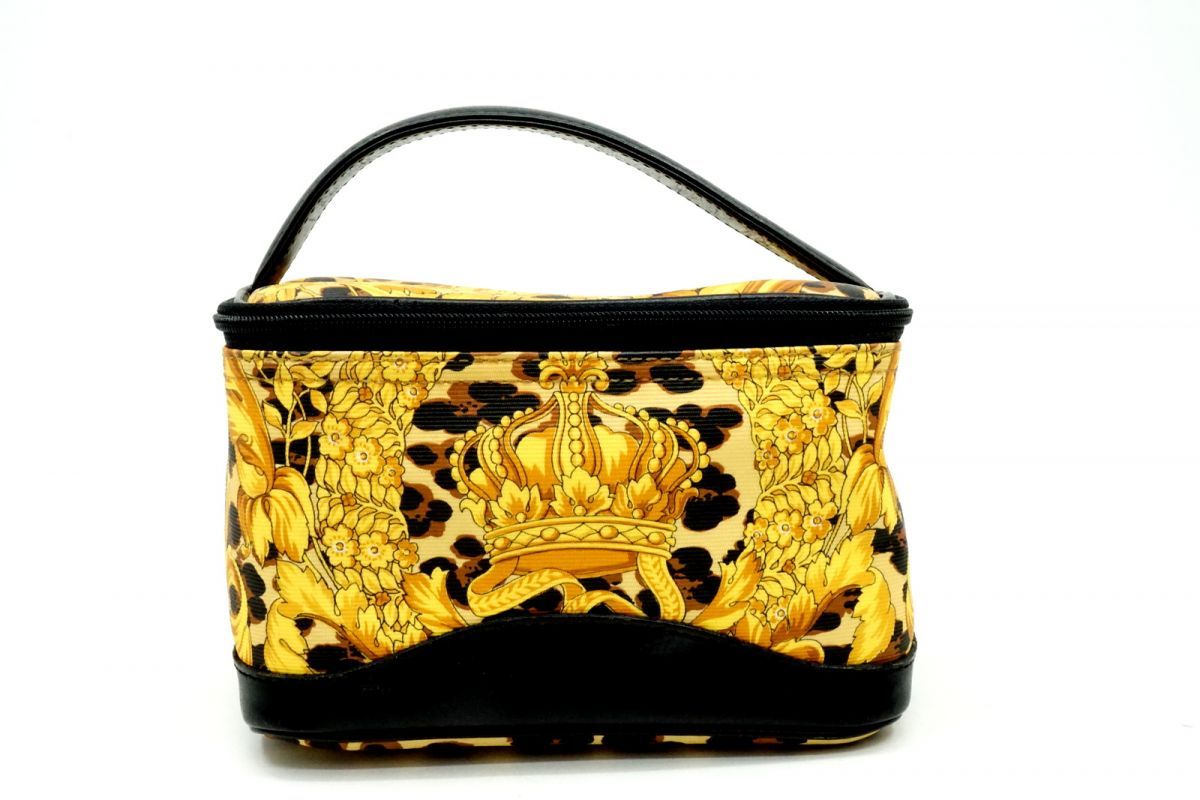 ジャンニ ヴェルサーチェ ヴィンテージ ミニ ハンドバッグ バニティポーチ レオパード柄 PVCレザー 黄 イエロー GIANNI VERSACE 6749h