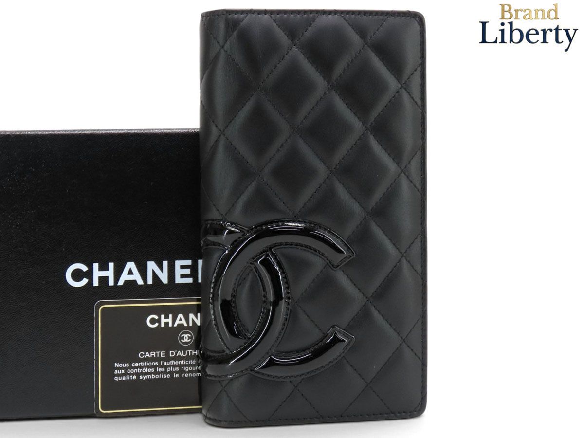 【新品同様】シャネル CHANEL カンボンライン ココマーク 二つ折り長財布 ブラック ブラック エナメル ピンク カーフスキン A26717