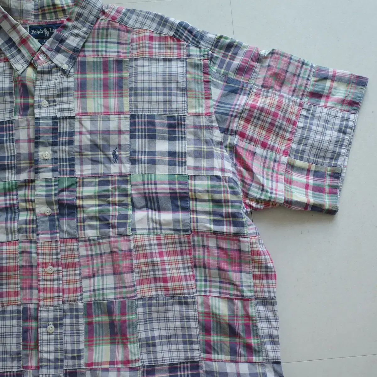ヴィンテージ 90s ポロ ラルフローレン マドラス チェック パッチワーク 半袖 Tシャツ XXL