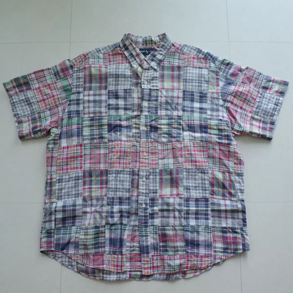 ヴィンテージ 90s ポロ ラルフローレン マドラス チェック パッチワーク 半袖 Tシャツ XXL
