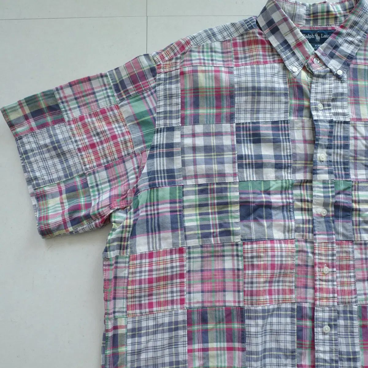 ヴィンテージ 90s ポロ ラルフローレン マドラス チェック パッチワーク 半袖 Tシャツ XXL
