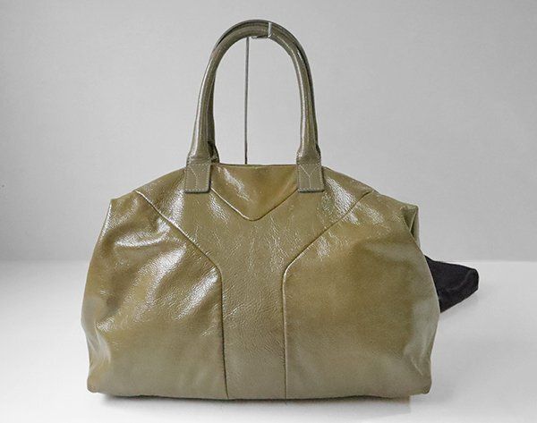 Yves Saint Laurent ◆ Y イージー バッグ カーキ (保存袋付) パテント エナメル ボストンバッグ ハンドバッグ イヴサンローラン ◆GG51