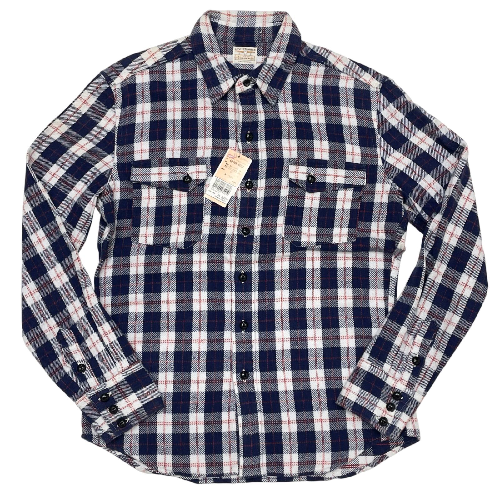 未使用品 青 Lサイズ LEVI'S VINTAGE CLOTHING LVC 60703-0001 リーバイス ビンテージクロージング ロングホーン コットンチェックネルシャツ